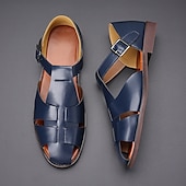 ieftine sandală de rochie-Sandale pentru bărbați din piele artificială maro, cu vârf deschis, cu curea cu cataramă reglabilă, stil casual pentru purtarea de zi cu zi