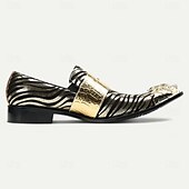 baratos Sapatos Sociais Elementares-Mocassins em Couro de Vaca Premium Masculinos com Padrão de Zebra Ousado e Design de Dupla Fivela com Ponta Dourada–Calçados Estilosos e Confortáveis para Ocasiões Formais e Fashion-forward