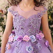 billige Blomsterkjoler-Blomsterpikekjole Barn Jente Prinsesse kjole Ytelse Bryllup Fest Elegant Vakker Netting Helfarge Ermeløs Crew-hals Lilla 4 år +