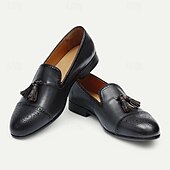 billiga Premium läder Loafers-bruna tofsloafers i läder för män med brogue-detaljer, klassiska slip-on klänningskor för bröllop, fester och formella evenemang