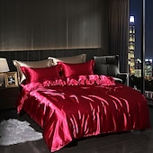 cheap Duvet Cover Sets-4 Pieces Satin Silk Bedding Set with Fitted Sheets Duvet Cover Sets Summer Solid Color Comforters Covers with 2 Pillowcases