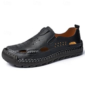 cheap Casual Sandals-Men&#039;s Brown Leather Slip-On Sandals with Perforated Detailing and Stretch Panels – Comfortable and Stylish for Casual Wear, Outdoor and Summer Activities