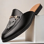 preiswerte Halbformell-Schwarze Slipper für Herren mit geprägtem Logo und goldenem Akzent, lässige flache Schuhe für den Alltag und das Büro