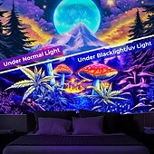 رخيصةأون Tapestries Blacklight-بساط تحت الضوء الأسود يتلألأ في الظلام حفلة تتلألأ تحت الضوء الأسود فطر ضبابي غريب الجبال طبيعة بساط فني لتزيين غرفة المعيشة أو غرفة النوم