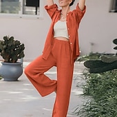 billiga Uppsättningar-Dam Mode Streetwear Skjorta Linneinspirerade set Tvådelade set Linne Byxor Byxor Långärmad Hög krage Ensfärgat Dagliga kläder Datum Marinblå Orange Vår Normal