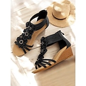 tanie Kobiety-damskie sandały na koturnie w stylu boho z kwiatowym wzorem – romantyczne letnie sandały gladiatorki z odkrytymi palcami i elastycznymi paskami na plażę i na co dzień