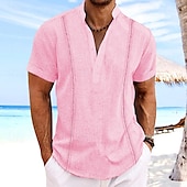 economico Vacanza-Per uomo Camicia Camicia di lino Camicia casual Camicia con Bottoni Camicia di cotone Semplice Vacanza Streetwear Nero Bianco Rosa Cachi Manica Corta Colletto alla coreana Estate Abbigliamento