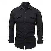 preiswerte Arbeitshemden für Herren-Herren Hemd Sommerhemd Lässiges Hemd Knopfhemd Schwarz Kaki Armeegrün Grau Langarm Glatt Kargen Urlaub Festtage Tasche Bekleidung Polyester Modisch Brautkleider schlicht Komfortabel
