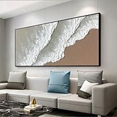 abordables Peintures paysages-peinture à l&#039;huile sur toile faite à la main représentant des vagues de l&#039;océan, peinture abstraite de plage peinte à la main, art mural blanc, peinture texturée 3D marron, peinture de plage marron,