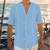 economico Vacanza-Per uomo Camicia camicia di lino Camicia Guayabera Camicia con colletto a fascia Camicia estiva Abbigliamento mare Liscio Da mare Curise Nero Bianco Blu Verde Manica corta Colletto Estate