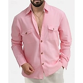 cheap Business Casual-Men&#039;s Shirt Linen Shirt Casual Shirt Button Up Shirt Cotton Shirt Plain Vacation Hawaiian Black White Pink Beige Long Sleeve Lapel Summer Spring Clothing Apparel Front Pocket