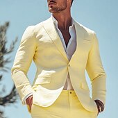 abordables Maillots de plage-Suits en lin de plage pour hommes Daffodil mode décontractée d&#039;été couleur unie coupe standard 2 pièces à bouton unique