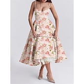 cheap Dresses-Retro Vintage 1950s Midi Dress Flare Dress Spaghetti Strap Corset Floral A-Line Women&#039;s Masquerade Wedding Vacation Tea Party Adults&#039; Dress