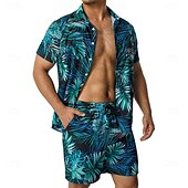cheap Men&#039;s Printed Shirts Sets-Men&#039;s Plants Trees / Leaves 2pcs Shirts Sets Summer Tops Short Sleeve Short Pants Turndown Casual Outdoor Home Casual 3D Print Summer Robin&#039;s Egg Blue