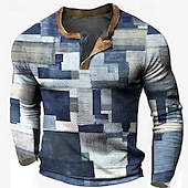billige Geometrisk-Herre Grafisk Ruter Henly-skjorte Vaffel T-skjorte Langermet 3D-utskrift Designer Fritid Vintage retro Sport &amp; Utendørs Ferie Festival Vår &amp; Vinter Lyseblå Navyblå Kongeblå Blå Himmelblå Henley