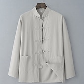 economico Casual da lavoro-Per uomo Camicia camicia di lino Maglietta informale Camicia con bottoni Camicia di cotone Liscio Da mare Per eventi Nero Bianco Blu marino Cachi Manica lunga A fascia Estate Primavera Abbigliamento