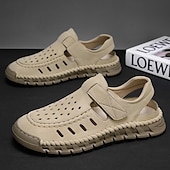 abordables sandalias de exterior-Sandalias beige sin cordones para hombre con diseño perforado y suela acolchada para paseos casuales y ropa de playa.