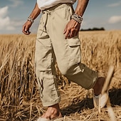 levne Retro-Pánské Kargo kalhoty Plátěné kalhoty Kalhoty Letní kalhoty Plážové kalhoty Šňůrky Elastický pas Multi kapsa Bez vzoru Pohodlné Prodyšné Plná délka Venkovní Ležérní Dovolená Módní Retro Černá Bílá
