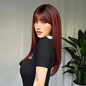 baratos Perucas Sintéticas sem Touca-Perucas sintéticas Ondas Soltas Kinky Liso Corte em Camadas Com Franjas Fabrico à Máquina Peruca 24 polegadas A1 A2 Cabelo Sintético Mulheres Clássico Confortável Cores Gradiente Âmbar Marrom