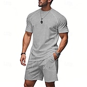 abordables survêtement et sweat à capuche pour hommes-Homme Ensemble Survetement T-shirt et short Ensemble de tenues Col ras du cou Extérieur Quotidien Sports Avec Poches Cordon de serrage Uni Noir Marron Gris Claire Polyester Tenues de Sport Streetwear