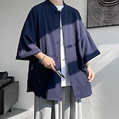 economico Casual da lavoro-Per uomo Camicia Camicia di lino Camicia casual Camicia con Bottoni Camicia di cotone Semplice Vacanza Camicia hawaiana Nero Bianco Blu marino Cachi Mezza Manica Colletto alla coreana Estate