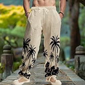 baratos Retrô-Homens Calças de linho Calças Calça verão Calças largas Com Cordão Cintura elástica Perna reta Coqueiro Conforto Respirável Comprimento total Ioga Diário Corrida Moda Retro Vintage Preto Branco