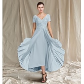 ieftine Lungimea podelei-Rochie A-Line Mamă a miresei Invitat de nuntă Elegantă Mărime mare Înalt/Scurt Guler în V Lungime ceai Chiffon Dantelă Mânecă cu plisaje Aplicații 2025 mărime personalizată gratuit