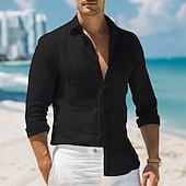 economico Vacanza-Per uomo Camicia camicia di lino Camicia estiva Abbigliamento mare Camicia con bottoni Liscio Da mare Informale Nero Bianco Rosa Blu Manica lunga Colletto Primavera estate Abbigliamento