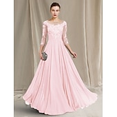olcso Padlóhossz-A-vonalú Kölcsönanyai Ruha Elegáns Ékszer Nyak Padló Hosszú Chiffon Csipke 3/4 Hosszú Ujjú Ráncokkal Appliques