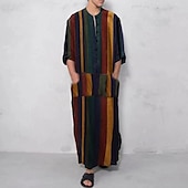 cheap Men's Robes-Men's Loungewear Nightgown Nightshirt Stripe Stylish Comfort Kimono Robes Daily Home Cotton Breathable Stand Collar Short Sleeve Summer Red Orange