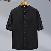 cheap Cotton Linen Shirt-Men&#039;s Shirt Linen Shirt Casual Shirt Button Up Shirt Cotton Shirt Plain Vacation Street Black White Green Short Sleeve Grandad Collar Summer Clothing Apparel Front Pocket