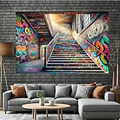 billige kunsttepper-Graffiti Bygning Trapper Henger Tapestry Veggkunst Stor Tapestry Mural Dekor Fotograf Bakgrunnsdekkende Teppe Gardin Hjem Soverom Stue Innredning