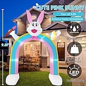 abordables Luces de paisaje-Conejito de Pascua inflable de 9.8 pies, cepillo de mano y huevo de Pascua inflable con arcoíris de luz, para interiores y exteriores, patio, jardín, césped, vacaciones familiares, ambiente de fiesta, luz decorativa