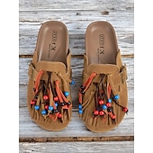 billiga Lätta damskor-damfransar med pärlor – solbrända mocka slip-on loafers med färgglada tofsar och spänne för boho-stil, avslappnade utflykter och sommarfestivaler