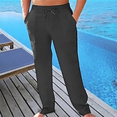 cheap Holiday-Men&#039;s Linen Pants Trousers Summer Pants Beach Pants Pocket Drawstring Elastic Waist Plain Comfort Breathable Vacation Daily Holiday Hawaiian Boho ArmyGreen Black