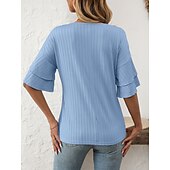cheap Plain tee-Women&#039;s T Shirt Plain Fashion Modern Short Sleeve V Neck Regular Tops Daily Ruffle Black White Wine Sky Blue Fuchsia Summer