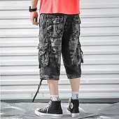 baratos Clássico-Homens Capri Cargo Shorts Calças Capri Shorts camuflados Cintura elástica Bolso multi Bolso com aba camuflagem Conforto Vestível Comprimento da panturrilha Ao ar livre Esporte Diário Moda Casual Azul