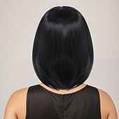 abordables Perruques Synthétiques Sans Bonnet-Perruque Synthétique Lisse Lisse Yaki Coupe Asymétrique Frange Droite Fabriqué à la Machine Perruque 14 pouces A1 Cheveux synthétiques Femmes Fête Classique Confortable Noir