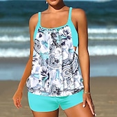 billiga Leopard badkläder-Dam Plusstorlekar Badkläder Tankini 2 st Längre baddräkt Hög midja Baddräkt Hög midja Smal Stickat Stylish Standkläder Leopard Tropisk Rund hals Ärmlös Baddräkter