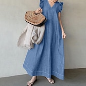 abordables Robes-Femmes Robe Midi Robes inspirées du lin Robe en jean Robe en coton et lin Mode Classique Moderne Quotidien Sortir Plage Coupe régulière Uni Manche Courte Col en V Noir Bleu de minuit Bleu clair Été