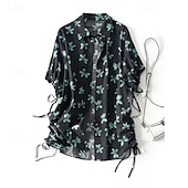 voordelige Overhemden-Dames Overhemd Katoenen linnen overhemden Linnen overhemd Knoop omhoog Bloem Dagelijks Stijlvol Casual Korte mouw Overhemdkraag Normale tops Dagelijks Feestdagen Uitgaan Knop Afdrukken Zwart Lente