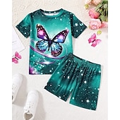 abordables Visión 3D de la Chica &amp; Brillo-Chica 3D Mariposa Camiseta y Bermudas Conjunto Manga Corta Verano Primavera Deportes Moda Diario Niños 4-12 años Cuello Barco Exterior Vacaciones Deportes A Medida