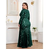 cheap Plus Size Dresses-Mermaid / Trumpet Evening Gown Sparkle Dress Formal Floor Length Long Sleeve Crew Neck Champagne Mother Of the Bride Dress Tulle with Embroidery 2025