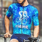お買い得  メンズジャージ-男性用 サイクリングジャージー 幾何学模様 文字＆番号 半袖 バイク Tシャツ ジャージー 3つのリアポケット付き マウンテンサイクリング 速乾性 人間工学デザイン ウィッキング 高通気性 スポーツ 濃い紫色 ブルー スカイブルー 衣類