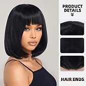 abordables Perruques Synthétiques Sans Bonnet-Perruque Synthétique Lisse Lisse Yaki Coupe Asymétrique Frange Droite Fabriqué à la Machine Perruque 14 pouces A1 Cheveux synthétiques Femmes Fête Classique Confortable Noir