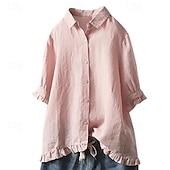preiswerte Hemden-Damen Hemd Bluse Baumwoll-Leinen-Hemden Einfach Basic Modern Kurzarm Hemdkragen Normale Oberteile Täglich Ferien Ausgehen Knöpfe Weiß Gelb Rosa Marineblau Leicht Blau Sommer