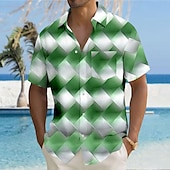 cheap Geometric Pattern-Men&#039;s Geometric Color Block Grid / Plaid Shirt Button Up Shirt Short Sleeve Fashion Casual Vacation Holiday Streetwear Summer Turndown 3D Print Collared Shirts Front One Pocket Blue Purple Green
