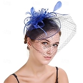 voordelige Hoeden &amp; Hoofdstukken-Helm Tule Veren Bruiloft Avond Feest Elegant Bruiloft Met Veer Tule Helm Hoofddeksels