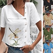 cheap Shirts-Women&#039;s Blouse Cotton Linen Shirts Flower Basic Casual Short Sleeve Asymmetrical Regular Tops Daily Holiday Buttons Print Black Blue Green Summer