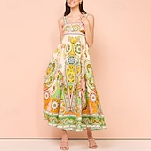 economico Abiti eleganti floreali-Abito midi da donna, abito floreale, abito sottoveste, abito stampato, moda, classico, per uscire all&#039;aperto, fine settimana, vestibilità regolare, fiore, senza maniche, spalline sottili, verde, estivo